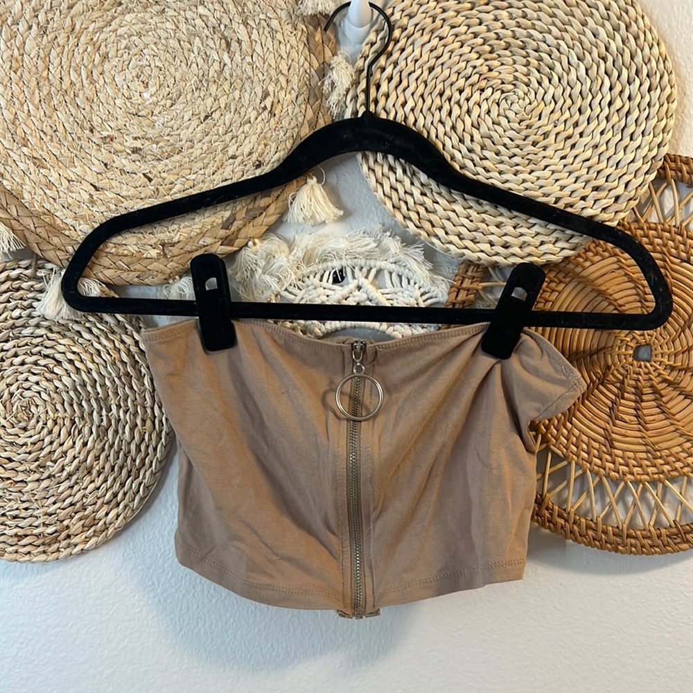 Beige zipper cropped tube top